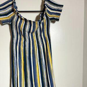 blue, white, and yellow striped dress